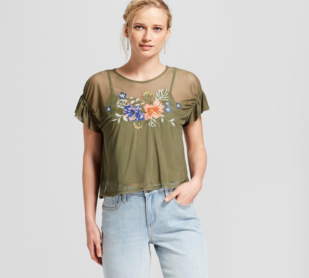 Olive Green Short Sleeved Mesh Embroidered Top M